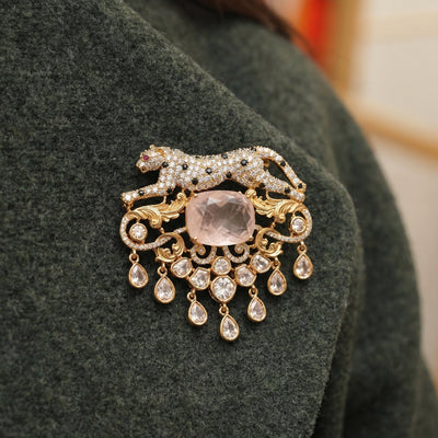 Heritage panther brooch with crystal accents and polki drops — Ozel