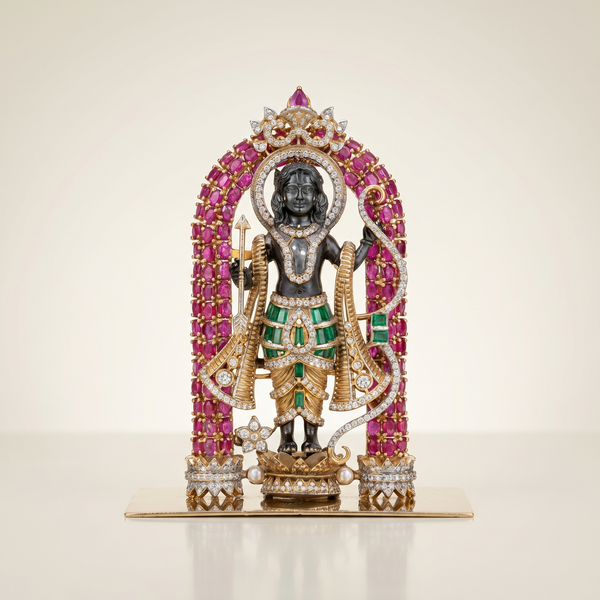 Jeweled temple miniature idol with stone inlay and antique gold