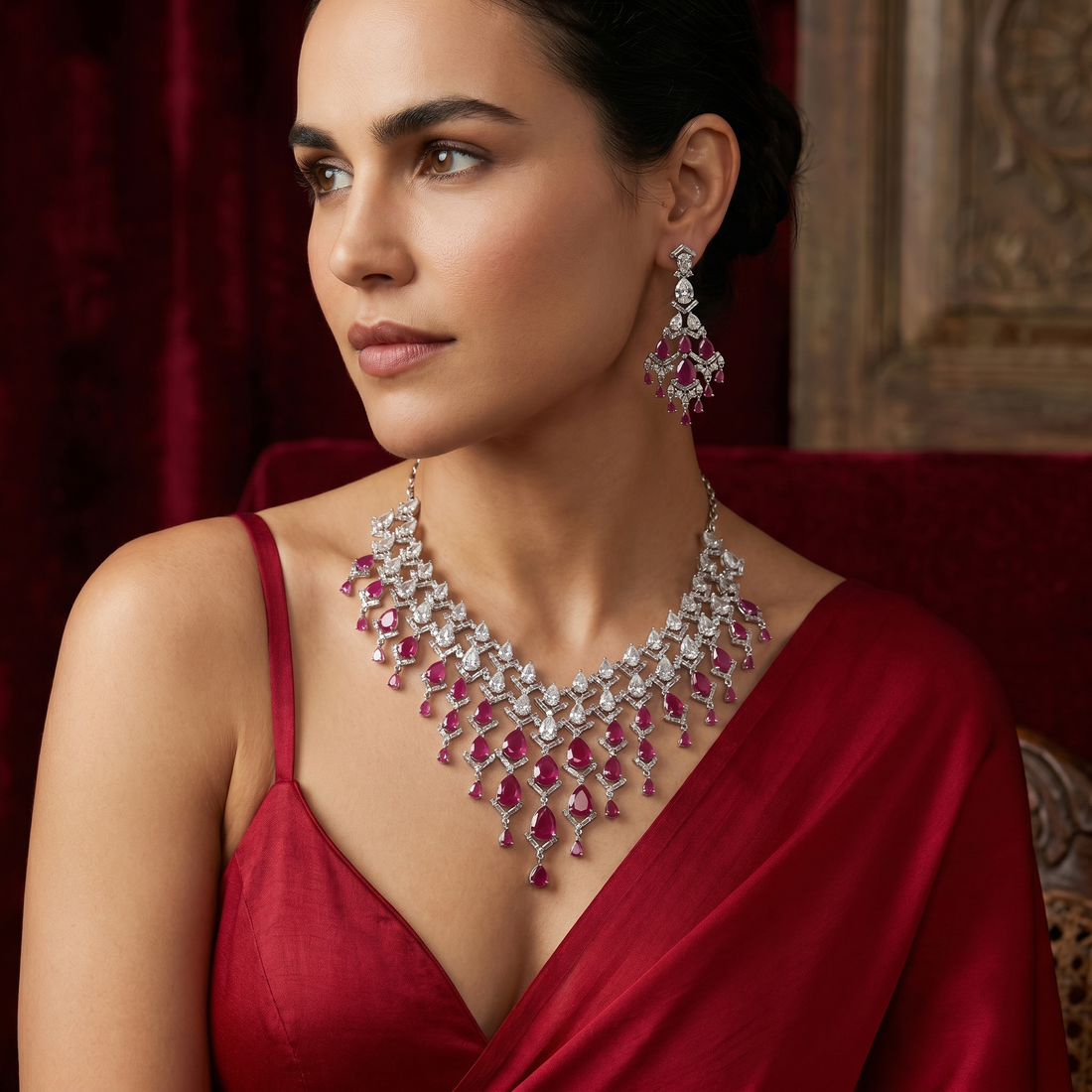 Shamita Regal Ruby Cascade Set with cascading vivid crimson rubies and heritage gold by Ozel