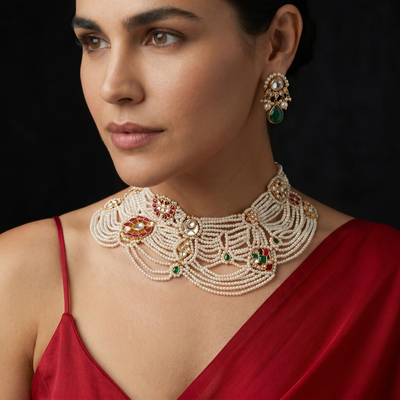 Shivika Pearl Collar Necklace with natural pearl lustre and heritage gold collar design by Ozel