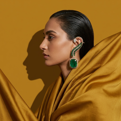 Green Stone Ear Cuff with Drop Pendant
