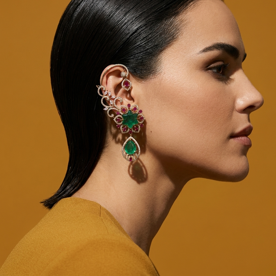 Green Star Chandelier Earrings with Pink Stones
