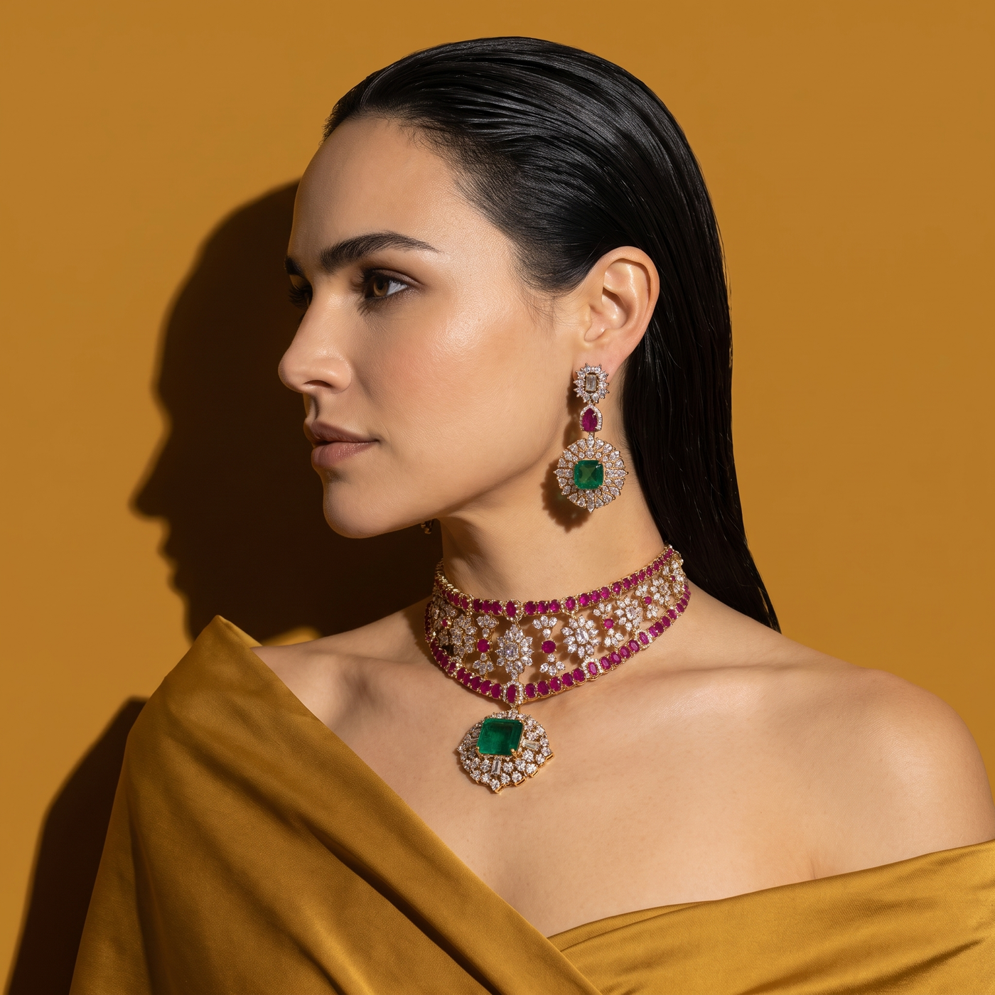 Ruby & Emerald Floral Polki Necklace Set