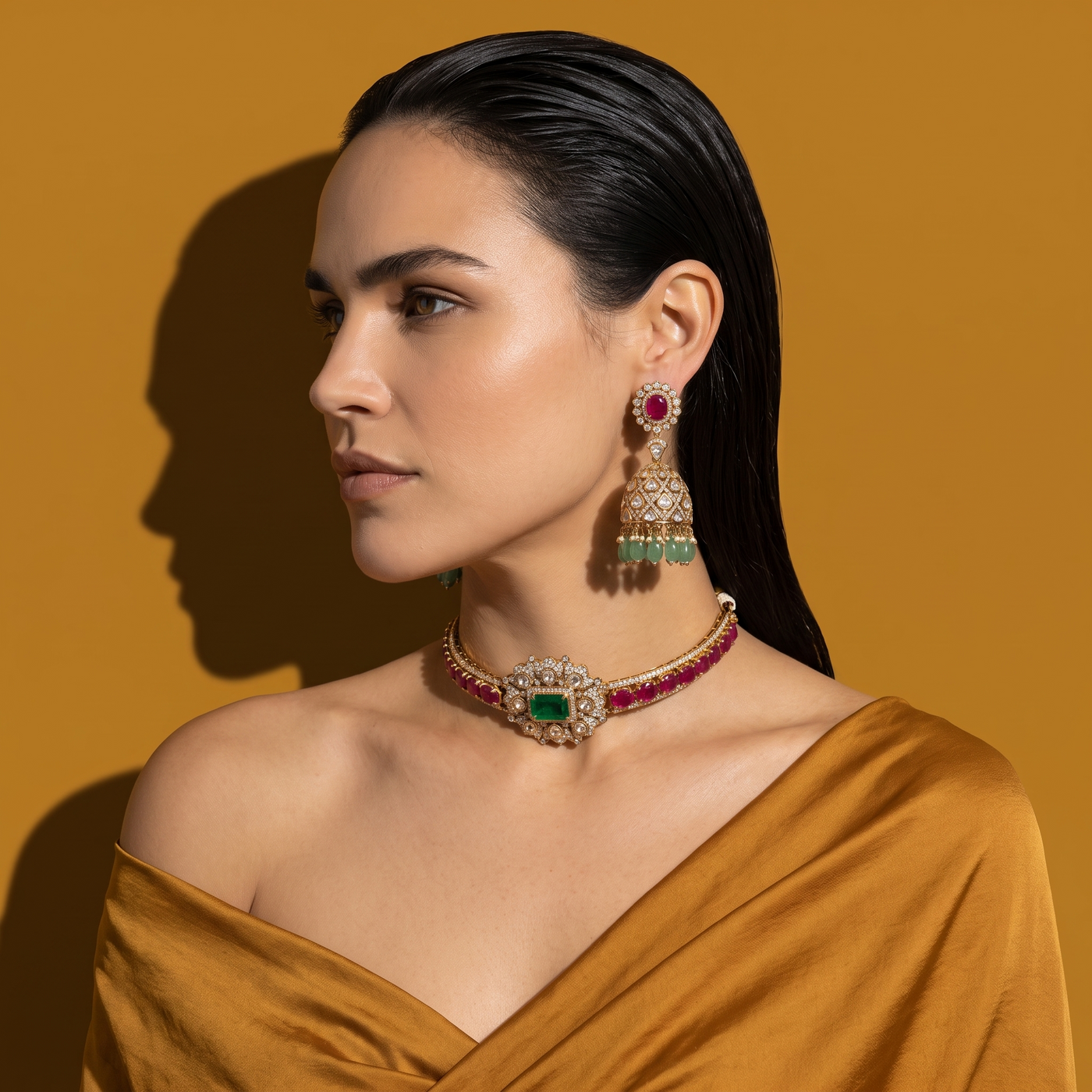 Zarina Emerald Ruby Choker & Jhumka Set