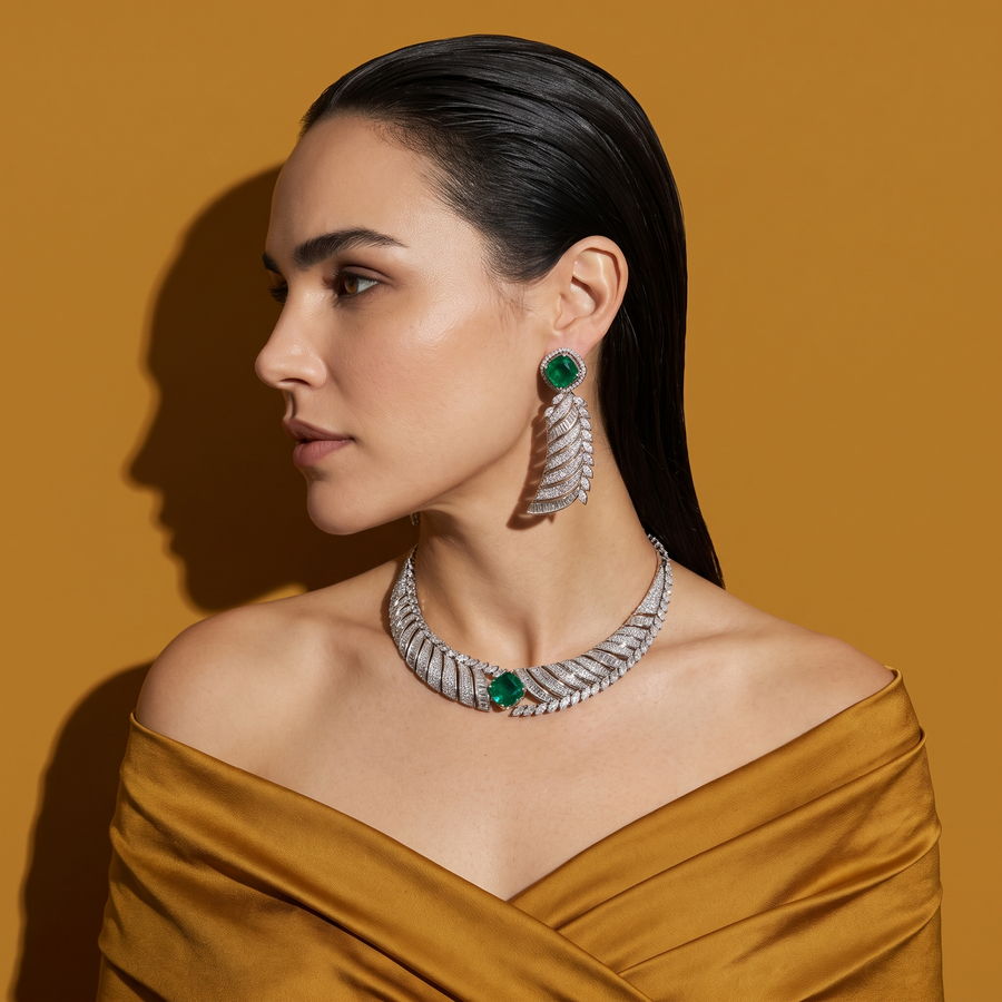 Aarohi Mint Baguette Leaf Necklace Set