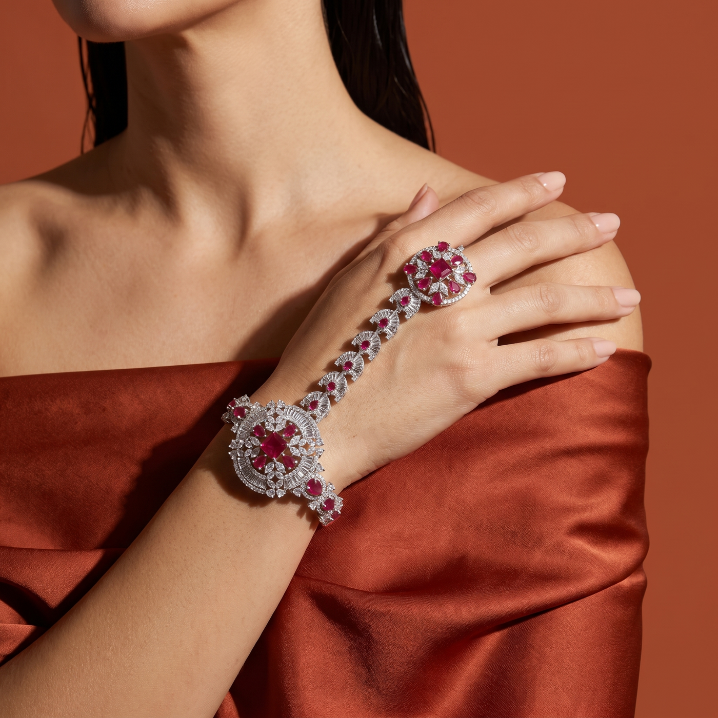 Zeenat Ruby Hand Harness Bracelet