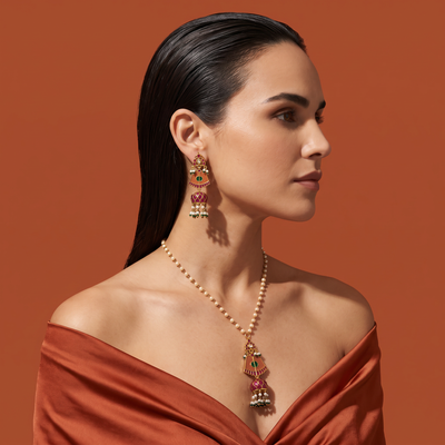 Peach Bell Jhumka Pendant Necklace