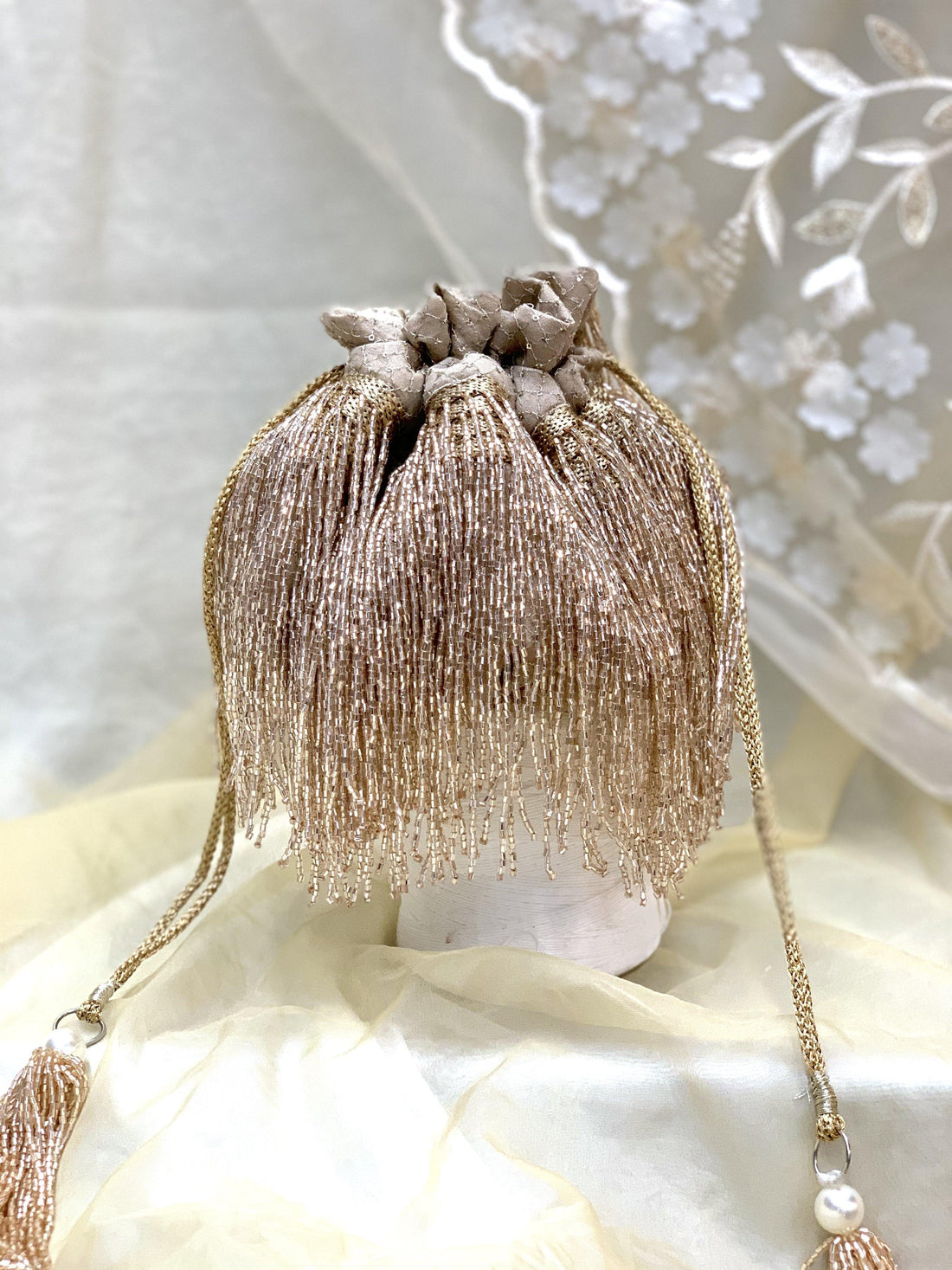 Cleopatra Rose Gold Tassels Potli Bag - Ozel