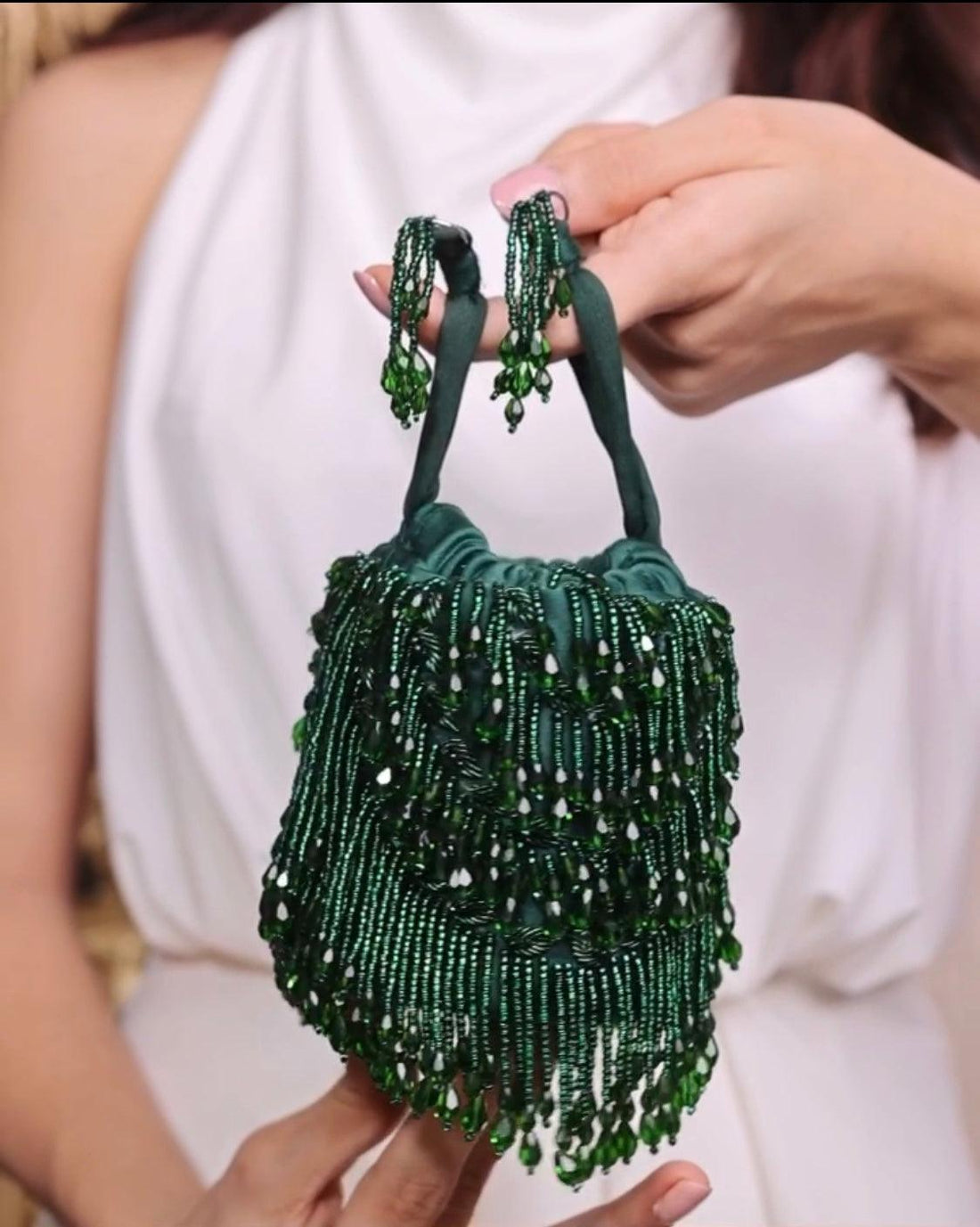 Andromeda Mini Emerald Tassels Bucket Bag - Ozel
