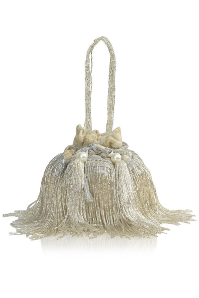 White and Silver Tassels Potli Bag - Ozel