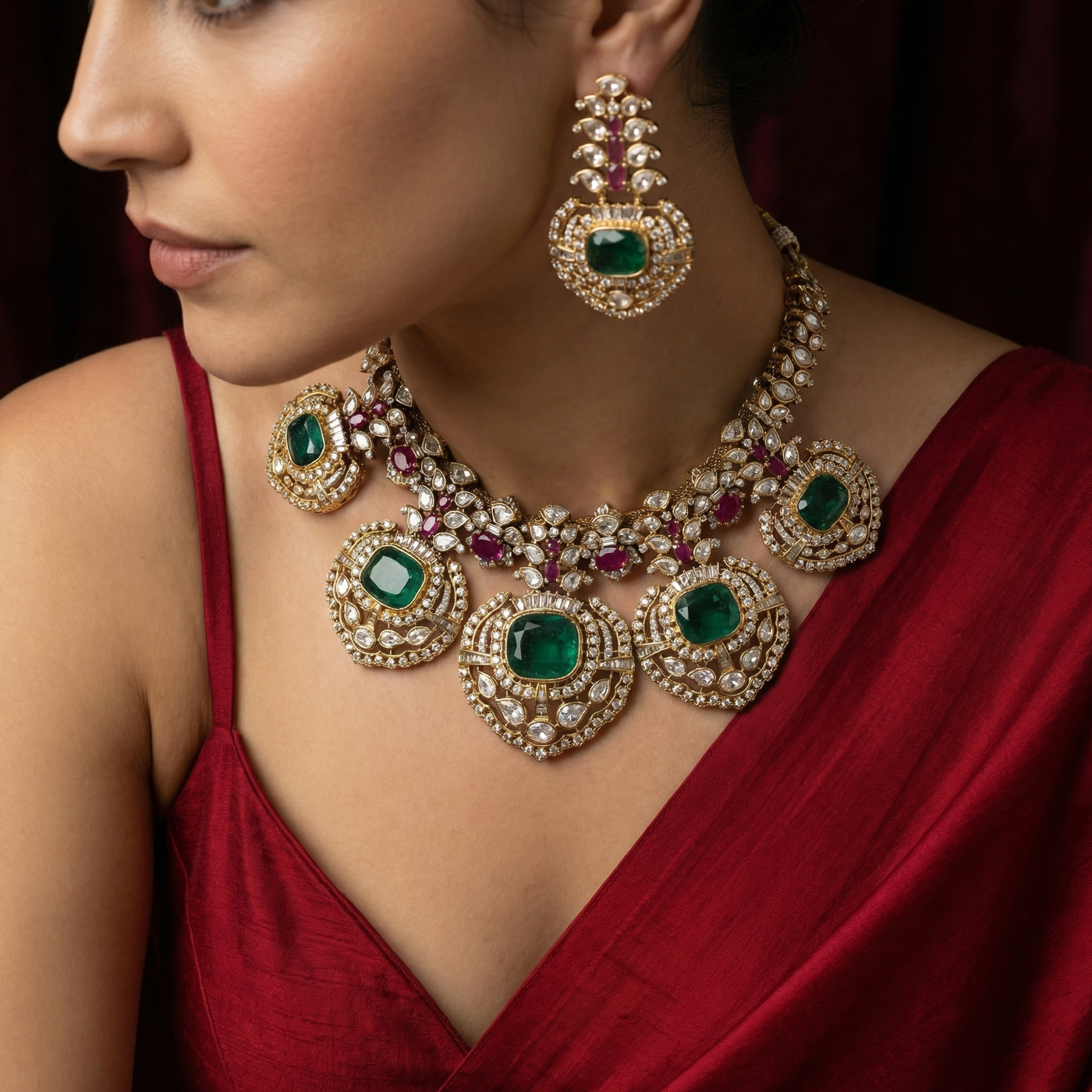 Meera Emerald Kundan Chand Necklace with emerald Kundan crescent moon motifs and heritage gold by Ozel