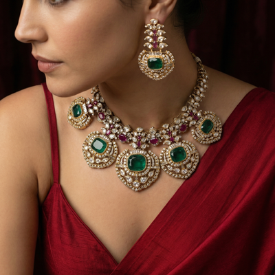Meera Emerald Kundan Chand Necklace with emerald Kundan crescent moon motifs and heritage gold by Ozel
