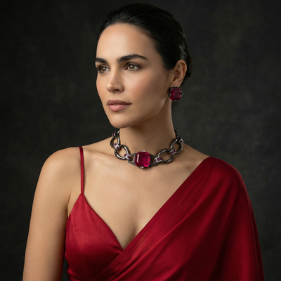 Kaelith Rouge Link Set with scarlet rouge-toned stones and bold artisan gold link design by Ozel