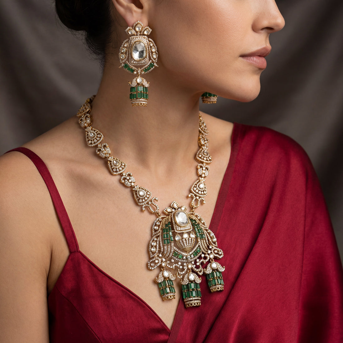 Rajvansh Emerald Polki Statement Set with uncut diamonds and vivid emerald stones by Ozel