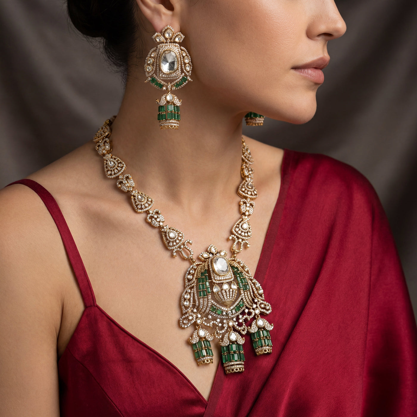Rajvansh Emerald Polki Statement Set with uncut diamonds and vivid emerald stones by Ozel