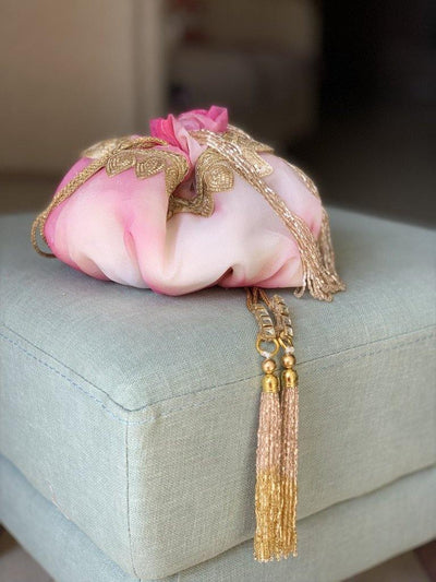 Hand-dyed shibori organza pastel potli bag with cutbits handle — Ozel